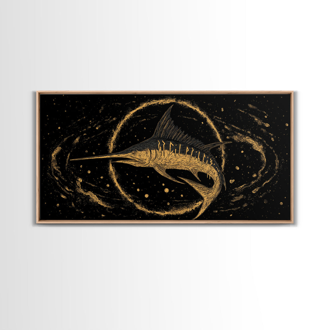 Swordfish Canvas Gold Art Nordic Mythology Inspired Canvas Art for Man Cave Wall Decor, Office Art Framed in Natural Wood