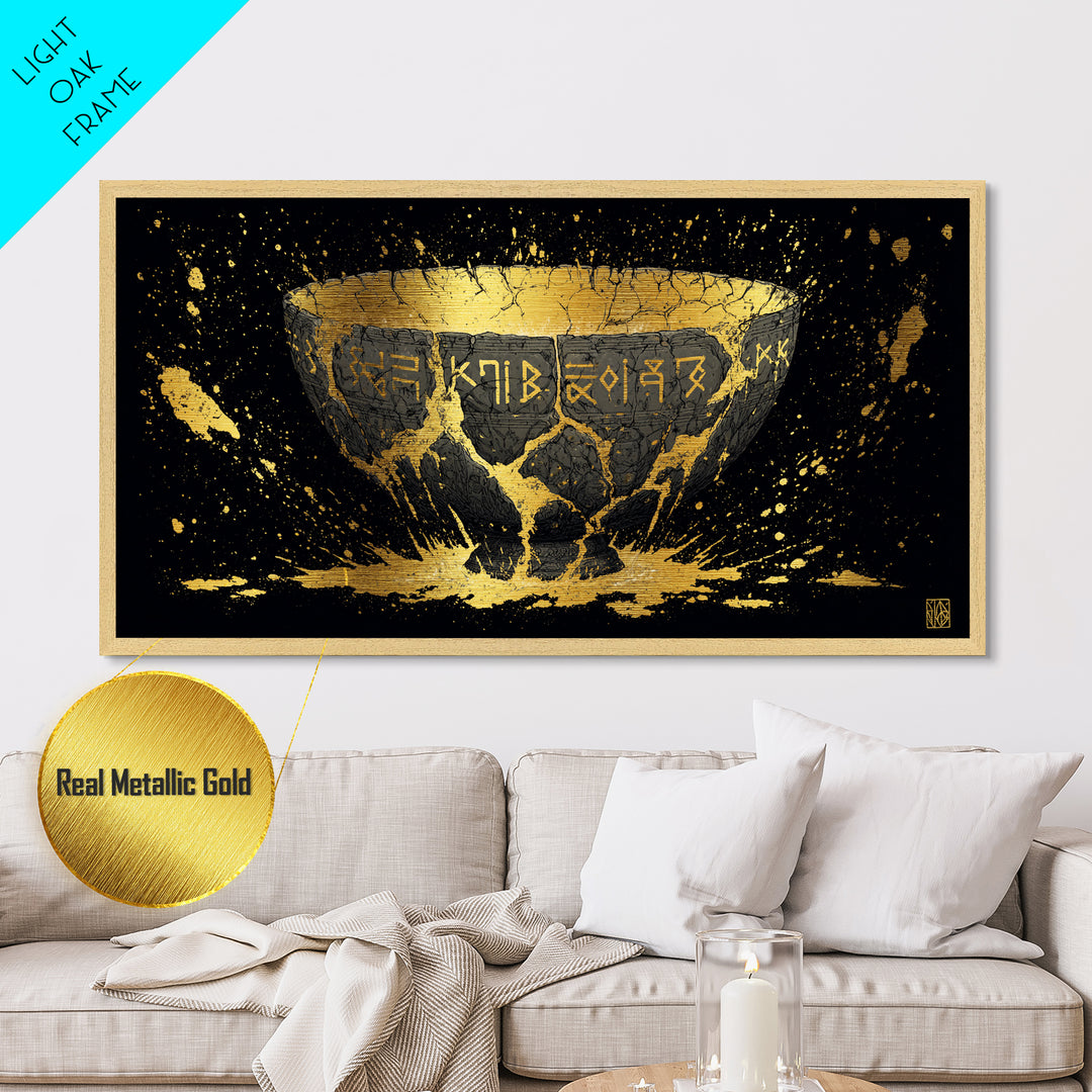 Viking Rune Bowl Metallic Gold Art, Nordic Mythology Metal Art with Real Wood Frame, Unique Office Wall Decor, Man Cave Gift