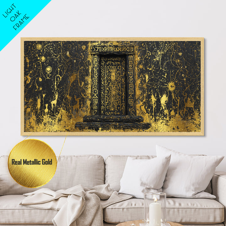 Runestone Doorway Metallic Gold Art, Nordic Mythology Inspired Metal Art, Pagan Viking Office Decor Framed in Real Wood