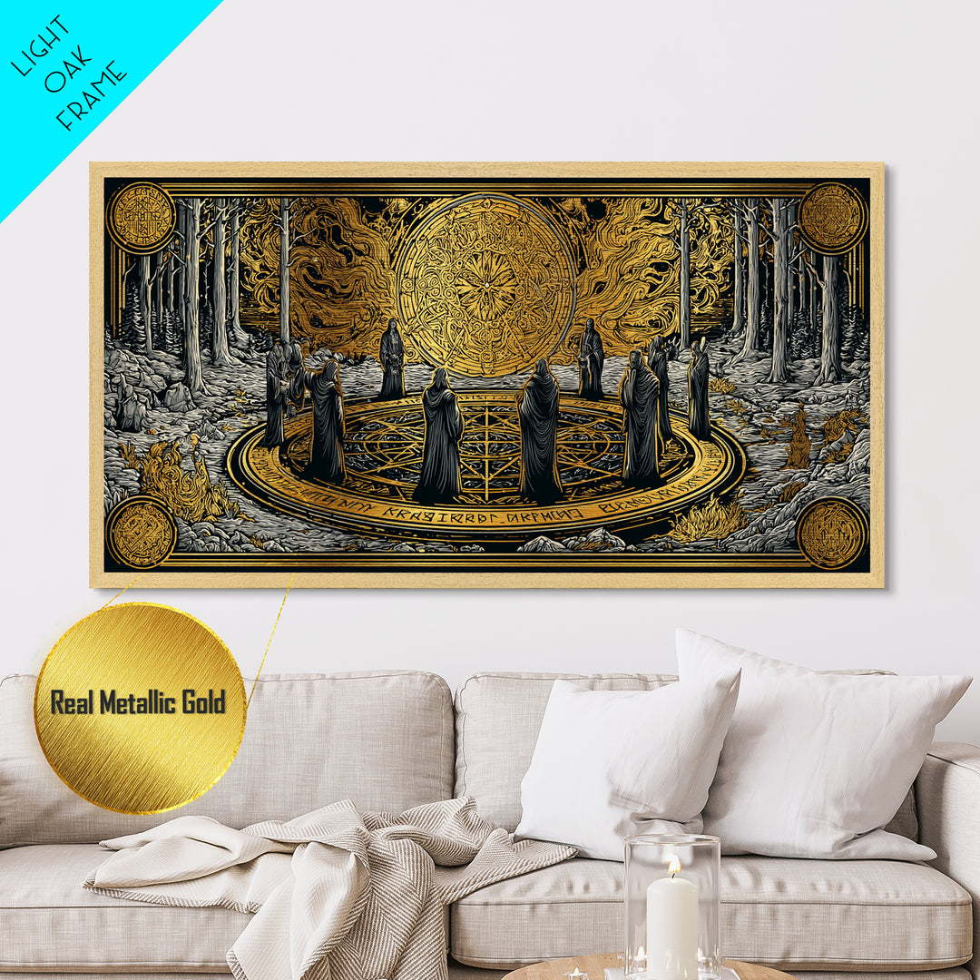 Nordic Ritual Circle Metallic Gold Art, Mythology Inspired Metal Art, Mystical Office Wall Decor with Real Wood Framing