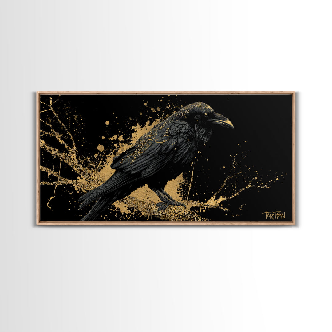 Viking Raven Canvas Gold Art Canvas Art Norse Wall Decor with Real Wood Frame, Nordic Mythology Office or Dad Gift Artwork