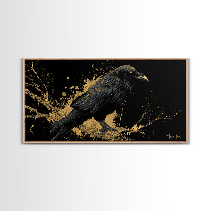Viking Raven Canvas Gold Art Canvas Art Norse Wall Decor with Real Wood Frame, Nordic Mythology Office or Dad Gift Artwork