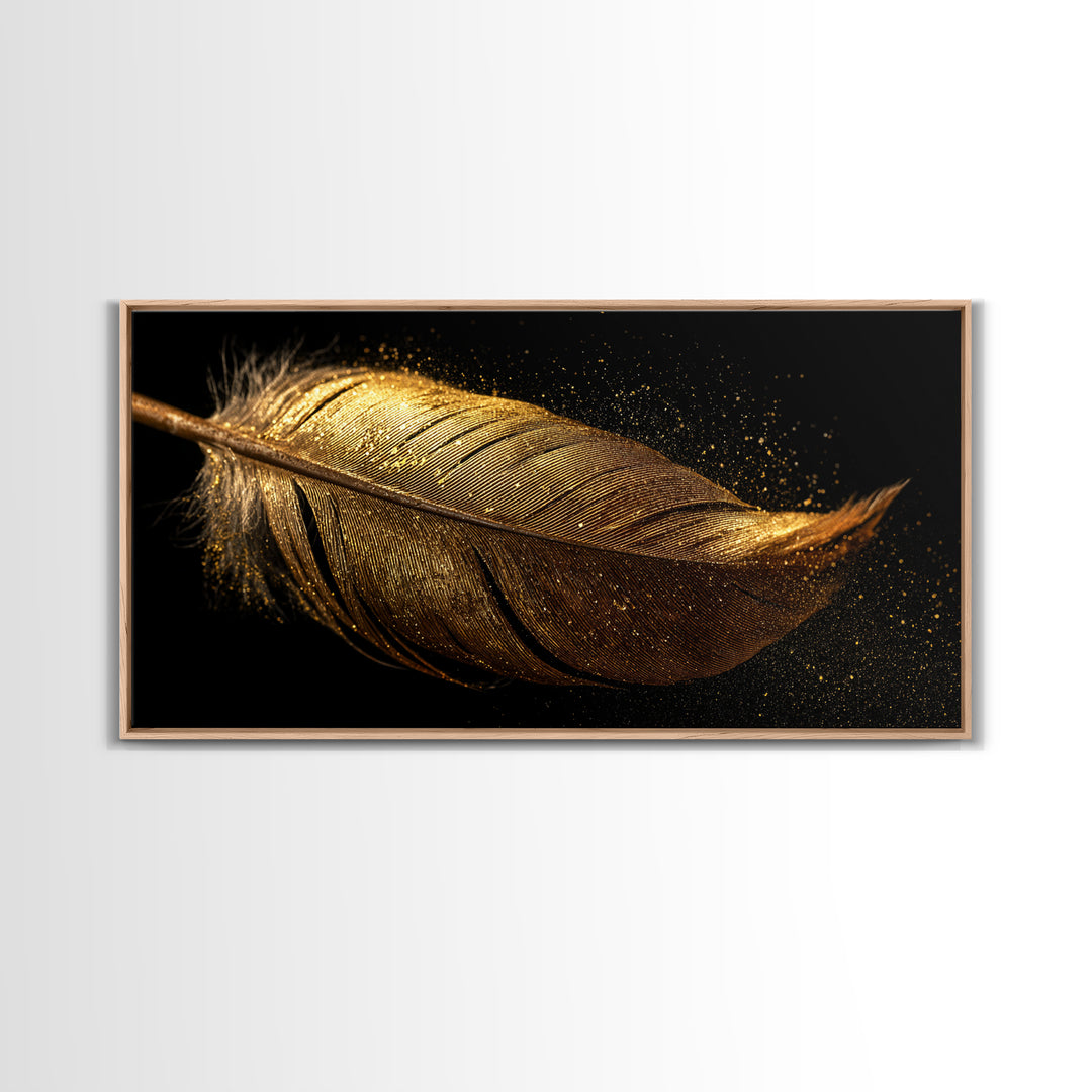 Golden Feather Canvas Gold Art, Norse Mythology Inspired Canvas Art, Viking Decor for Office or Study, Framed in Real Wood