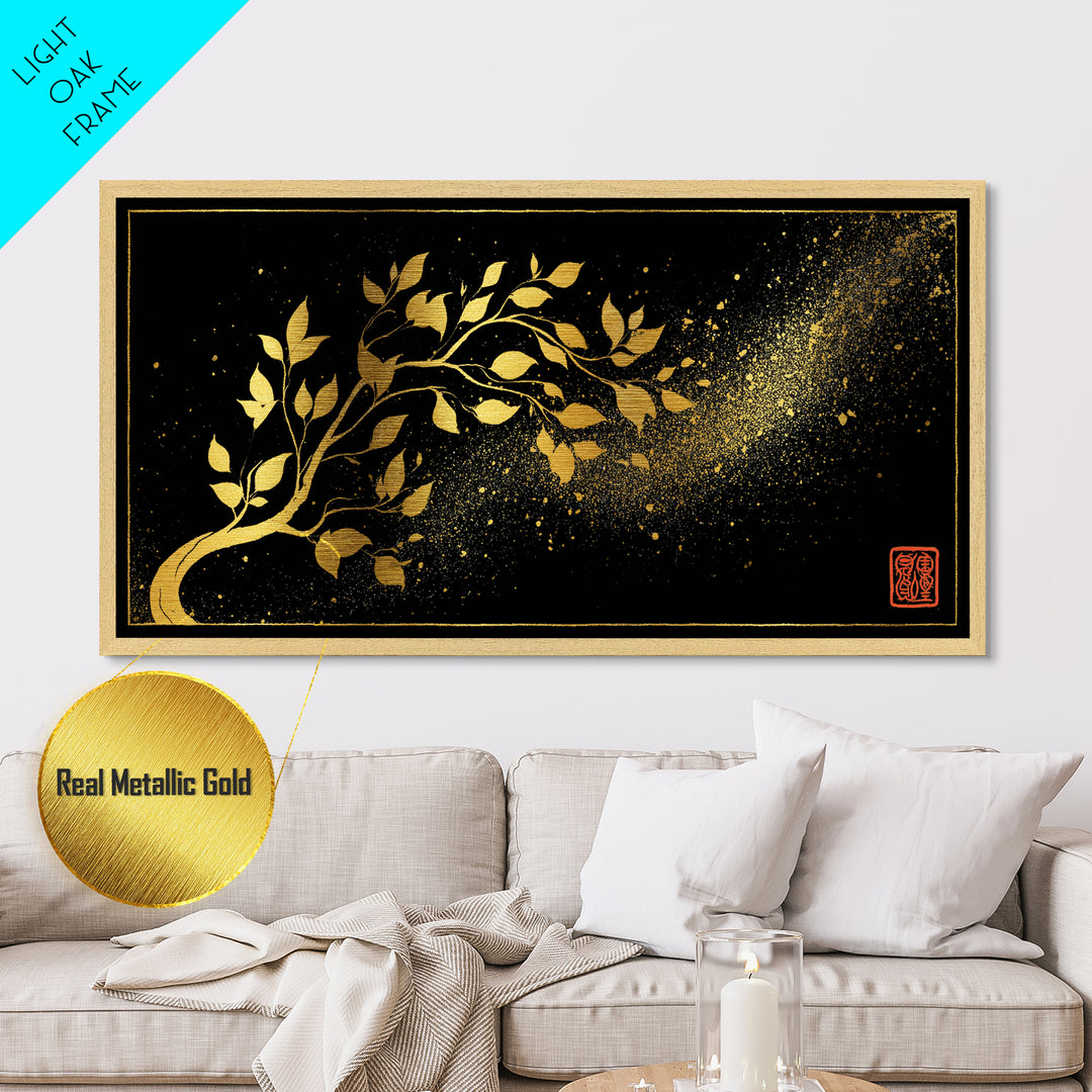 Yggdrasil Tree Metallic Gold Art, Nordic Mythology Inspired Metal Art with Natural Wood Frame, Pagan Office Decor, Man Gift