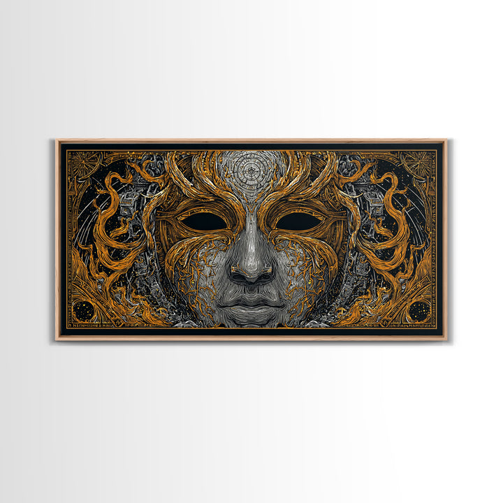 Odin’s Face Canvas Gold Art, Norse Mythology Inspired Canvas Art, Nordic Office Decor Framed in Natural Wood for Man Cave