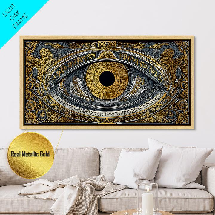Odin’s Eye Metallic Gold Art Nordic Metal Art Norse Mythology Wall Decor framed in natural wood, Man Cave Gift, Office Art