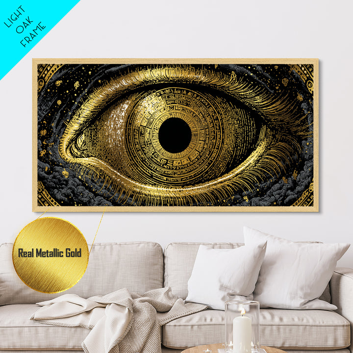Mystic Rune Eye Metallic Gold Art Norse Metal Art Nordic Wall Hanging with real wood frame, Viking Decor, Dad Gift for Office
