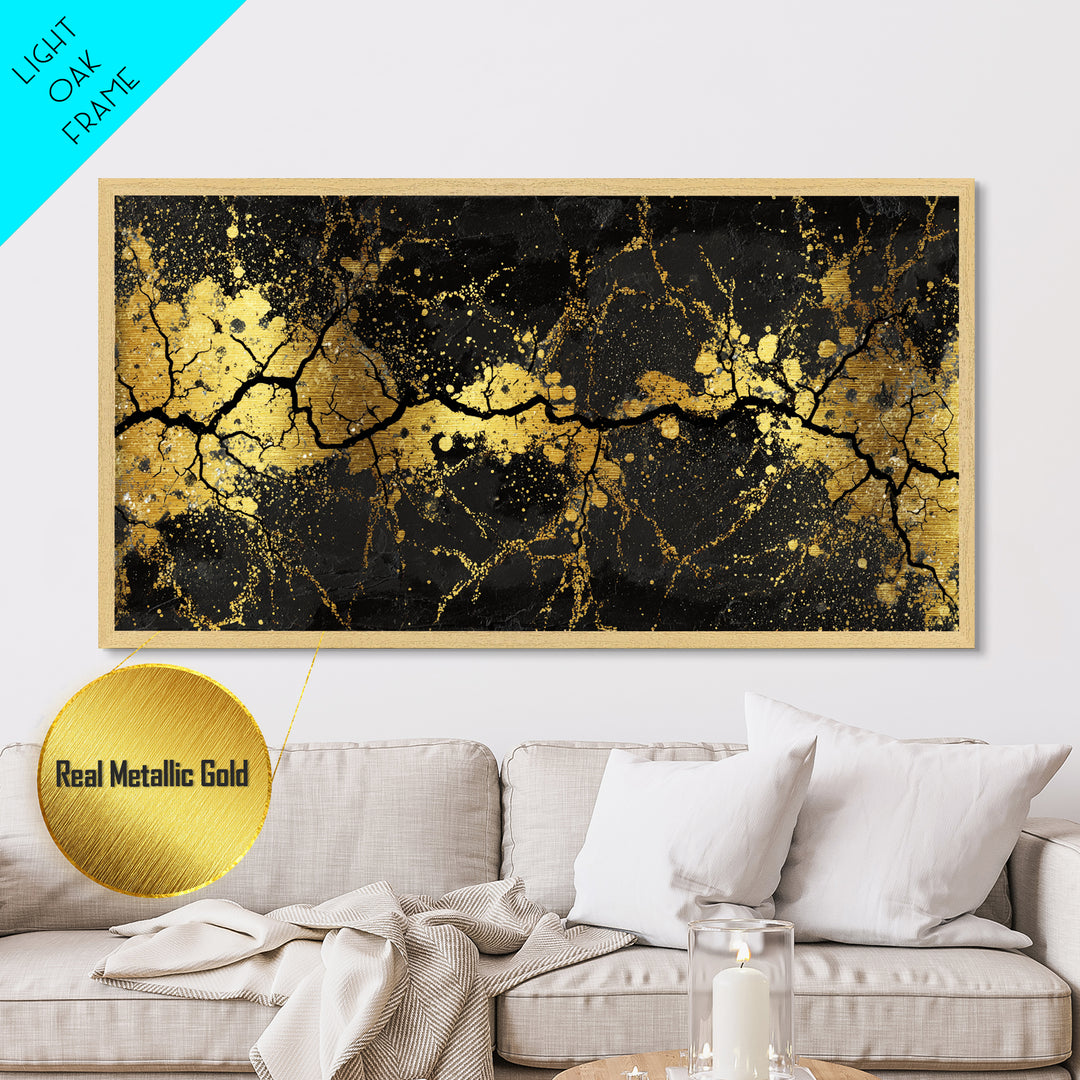 Cracked Stone Metallic Gold Art Nordic Metal Art Norse Abstract Wall Decor in real wood frame, Man Cave Gift, Office Accent