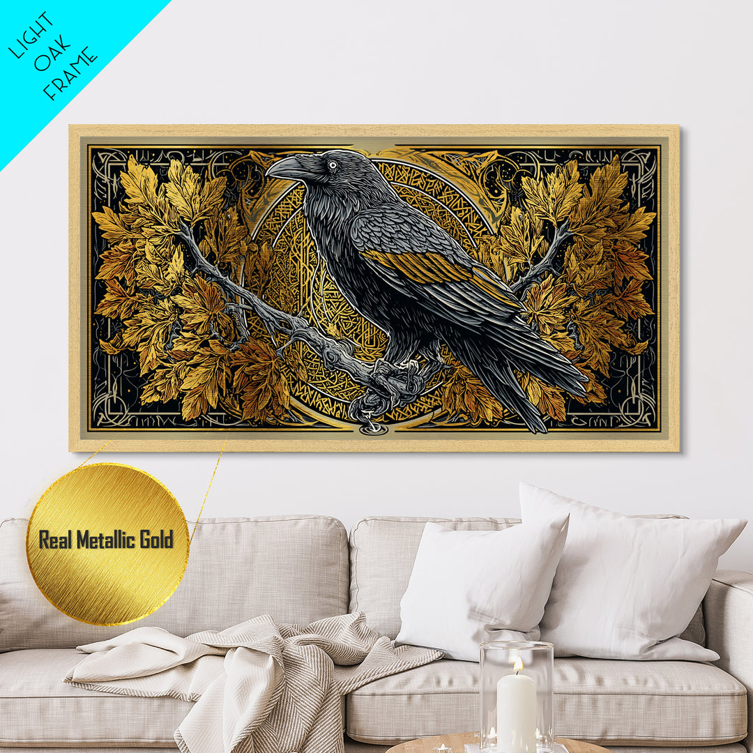 Norse Raven Perched Metallic Gold Art Metal Art with Runes and Autumn Leaves, Framed in Real Wood, Viking Office or Man Cave