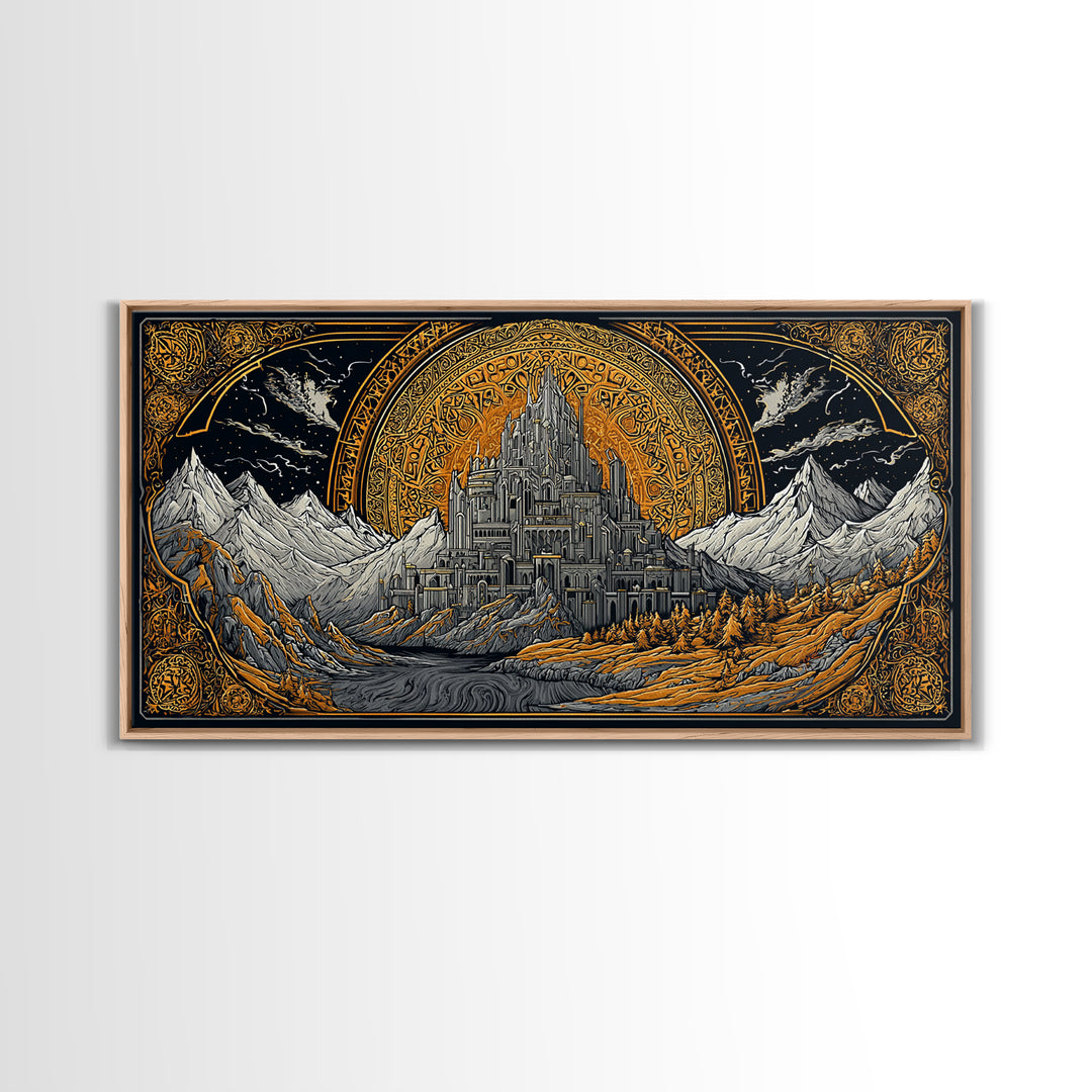 Asgard Fortress Canvas Gold Art Norse Mythology Canvas Art Nordic Wall Hanging framed in natural wood, Viking Decor Office