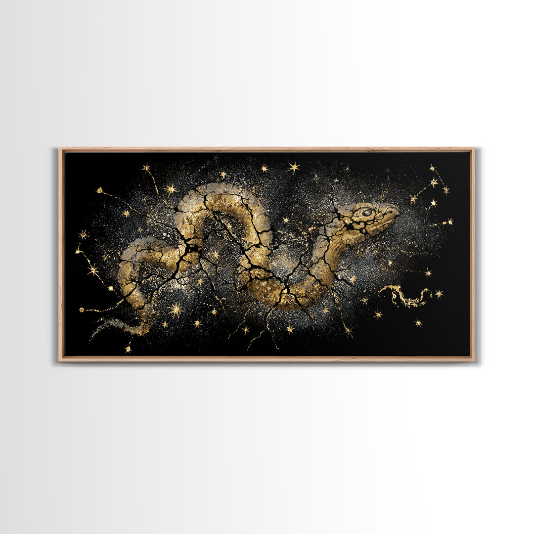 Jormungandr Serpent Canvas Gold Art Norse Mythology Canvas Art Wall Decor framed in real wood, Man Cave Viking Gift for Him