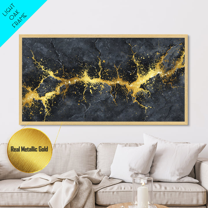 Golden Fracture Metallic Gold Art Nordic Metal Art Norse Abstract Wall Hanging with natural wood frame, Office Decor, Dad Gift
