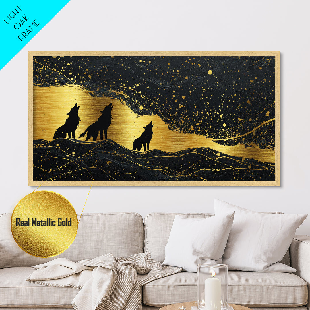 Howling Wolves Metallic Gold Art Norse Metal Art Nordic Mythology Wall Decor with real wood frame, Man Cave Accent, Office Art