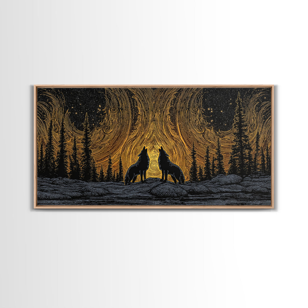 Fenrir Wolves Canvas Gold Art Norse Mythology Canvas Art Nordic Wall Hanging framed in wood, Dad Gift, Viking Decor for Office