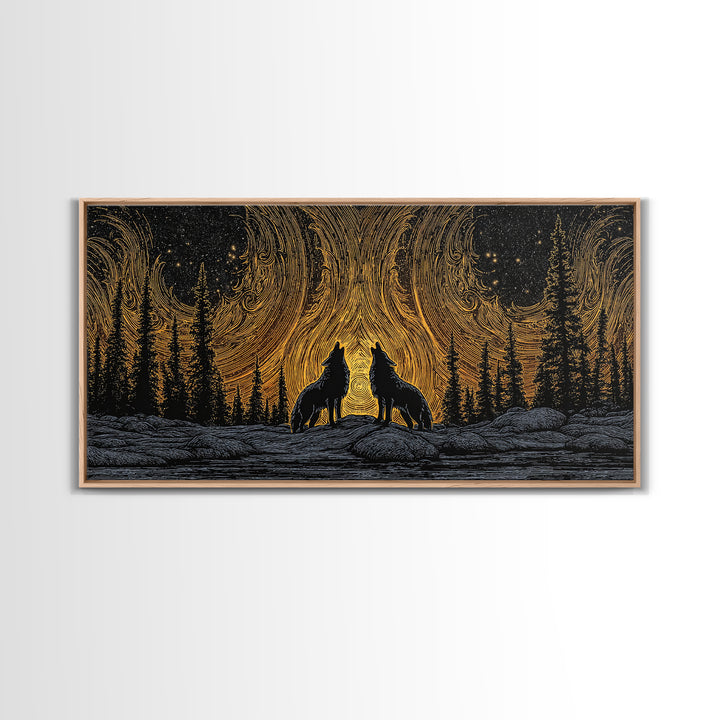 Fenrir Wolves Canvas Gold Art Norse Mythology Canvas Art Nordic Wall Hanging framed in wood, Dad Gift, Viking Decor for Office