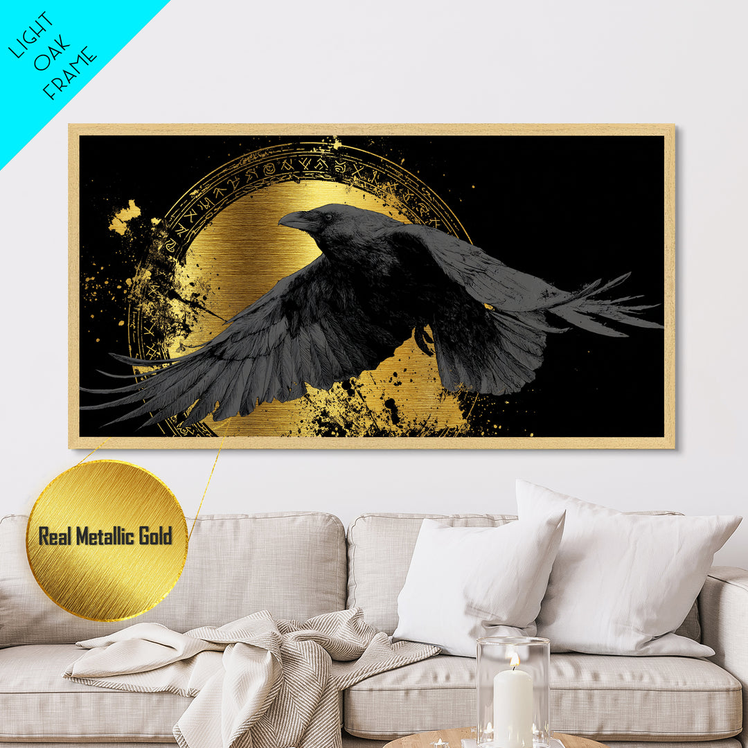 Raven of Odin Metallic Gold Art Norse Mythology Metal Art Nordic Wall Decor framed in real wood, Man Cave Viking Office Gift