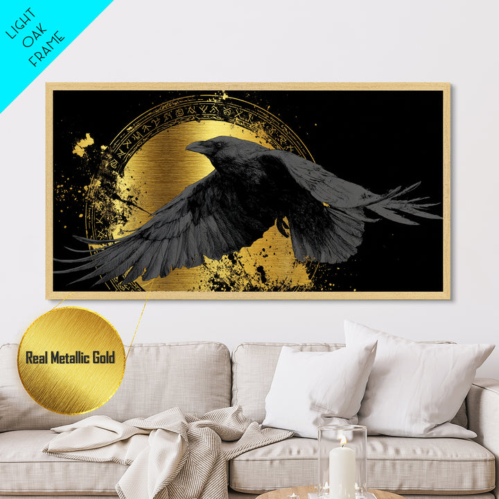 Raven of Odin Metallic Gold Art Norse Mythology Metal Art Nordic Wall Decor framed in real wood, Man Cave Viking Office Gift