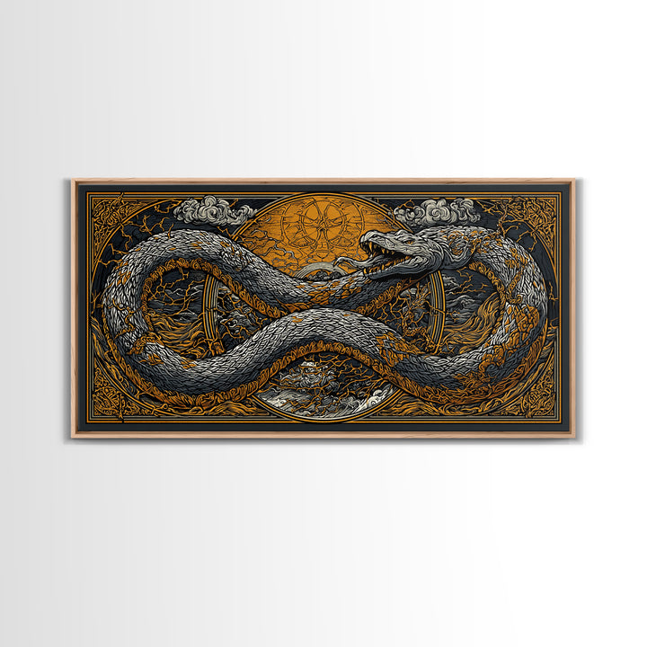 Midgard Serpent Canvas Gold Art Norse Mythology Canvas Art Nordic Wall Hanging framed in natural wood, Office Accent, Dad Gift