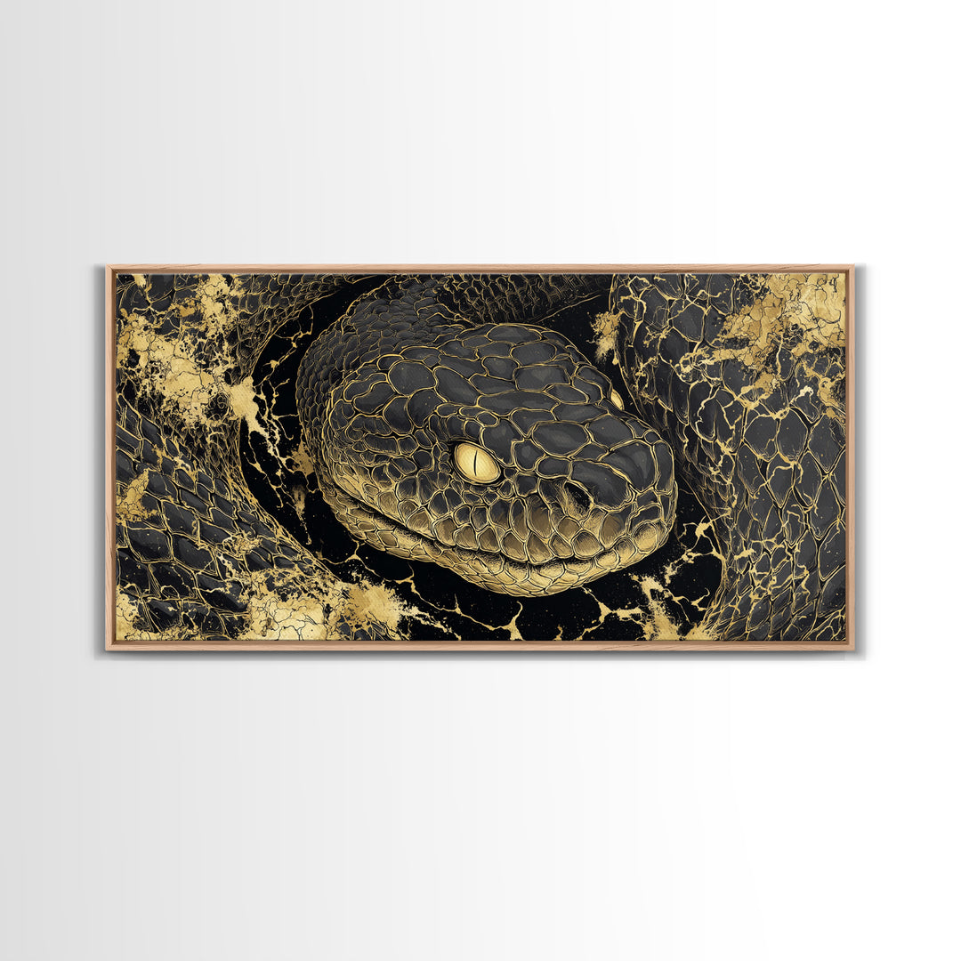 Viking Serpent Jormungandr Canvas Gold Art Canvas Art Norse Mythology Wall Decor for Man Cave or Office framed in natural wood