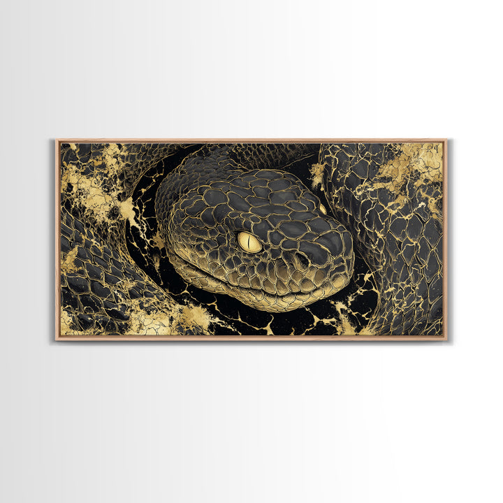 Viking Serpent Jormungandr Canvas Gold Art Canvas Art Norse Mythology Wall Decor for Man Cave or Office framed in natural wood