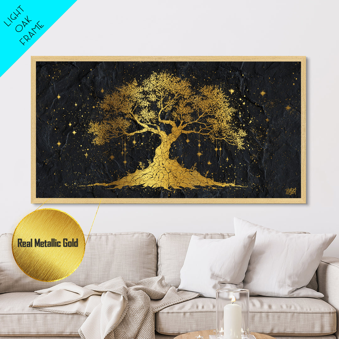 Yggdrasil Metallic Gold Art Metal Art Norse Tree of Life Nordic Mythology Wall Decor Dad Gift Office Art framed with real wood