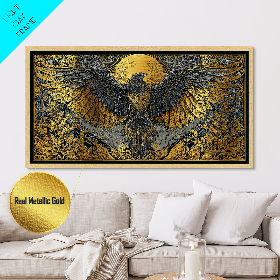 Valkyrie Eagle Metallic Gold Art Metal Art Norse Wall Hanging with Spreading Wings, Natural Wood Frame, Nordic Mythology Gift