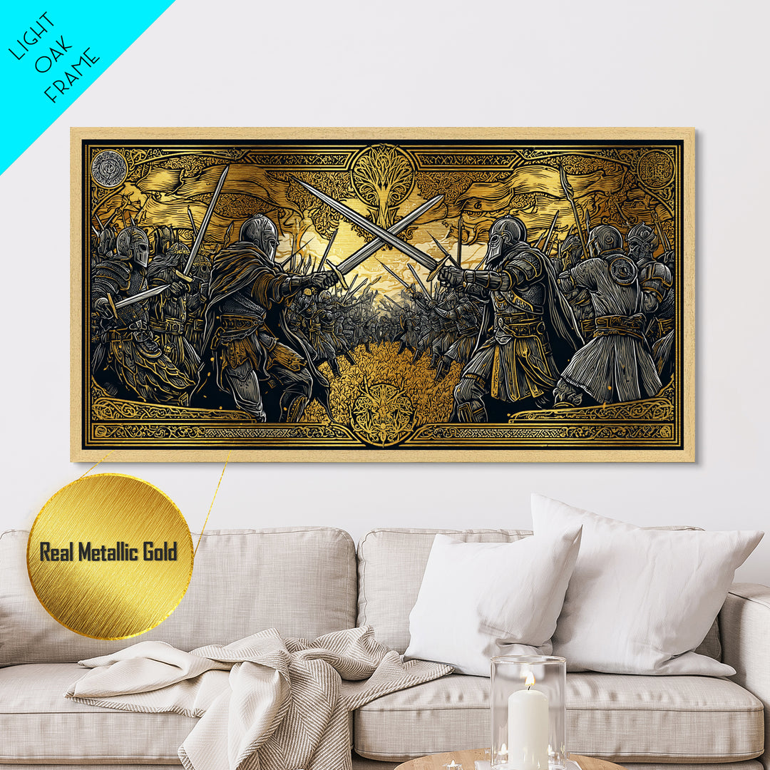 Viking Battle Metallic Gold Art Metal Art Norse Warriors Mythology Wall Decor Office Art Man Cave Gift framed in natural wood