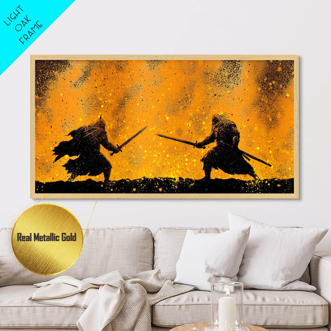 Fiery Duel Metallic Gold Art Metal Art Norse Viking Mythology Warrior Wall Decor Dad Gift Office Art framed in solid wood