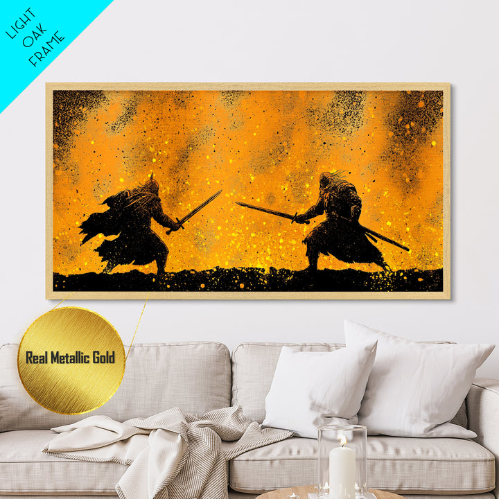 Fiery Duel Metallic Gold Art Metal Art Norse Viking Mythology Warrior Wall Decor Dad Gift Office Art framed in solid wood