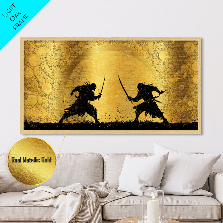 Samurai Duel Metallic Gold Art Metal Art Norse Inspired Epic Warrior Wall Art Man Cave Decor Office Gift framed in real wood