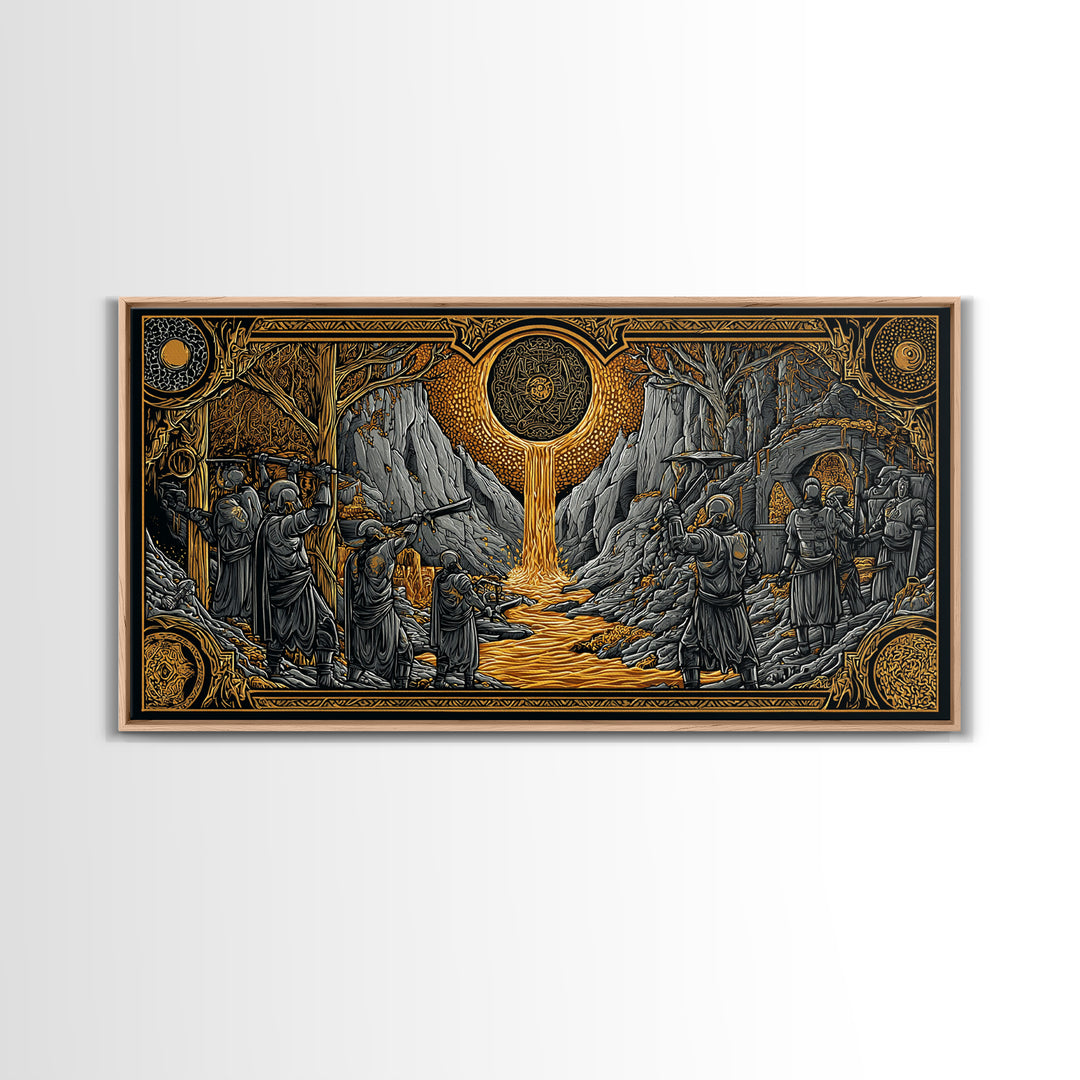 Dwarves Forging Canvas Gold Art Canvas Art Norse Mythology Viking Blacksmiths Wall Decor Office or Man Cave framed in wood