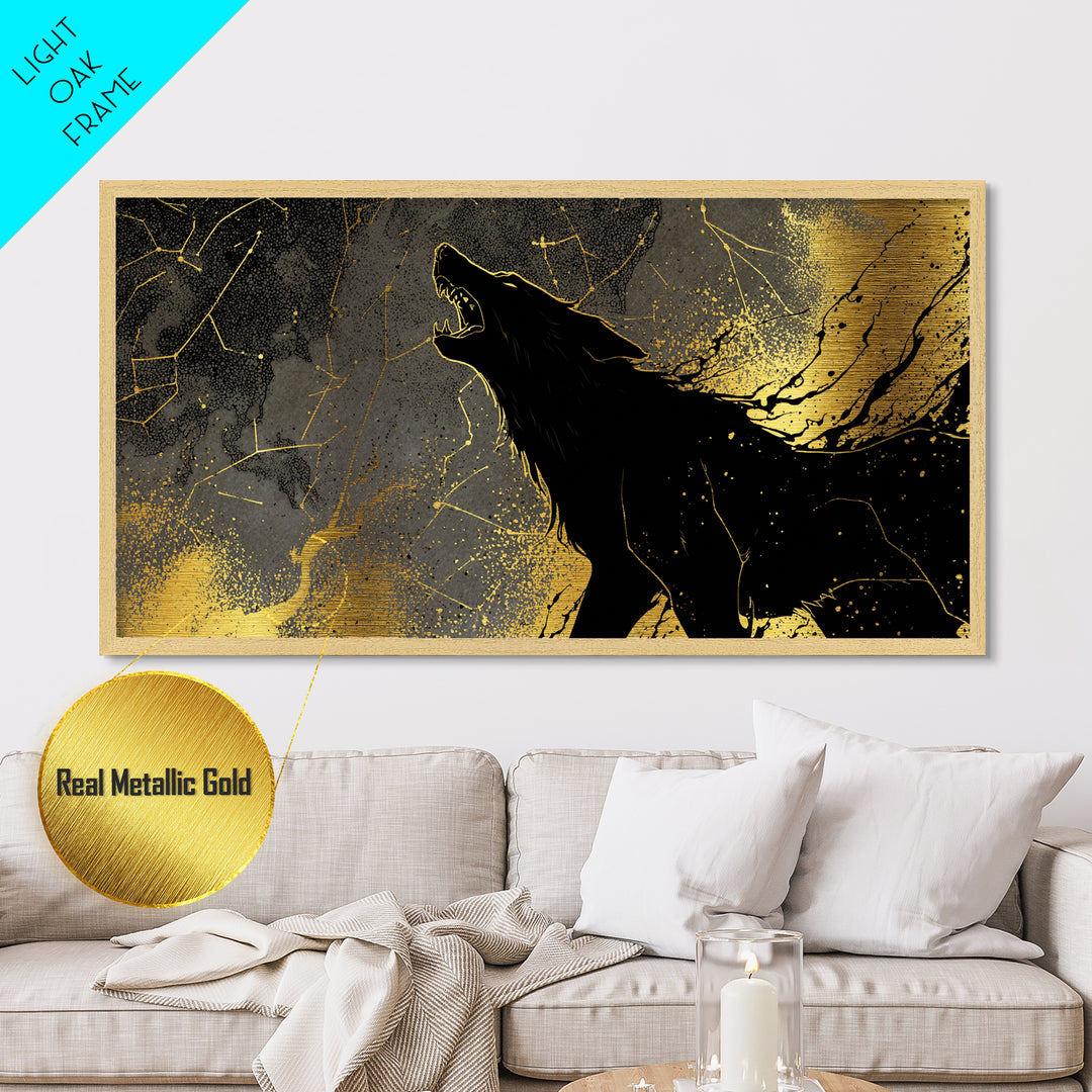 Fenrir Wolf Metallic Gold Art Metal Art Norse Mythology Beast Viking Wall Decor Dad Gift Office Art framed in real wood frame