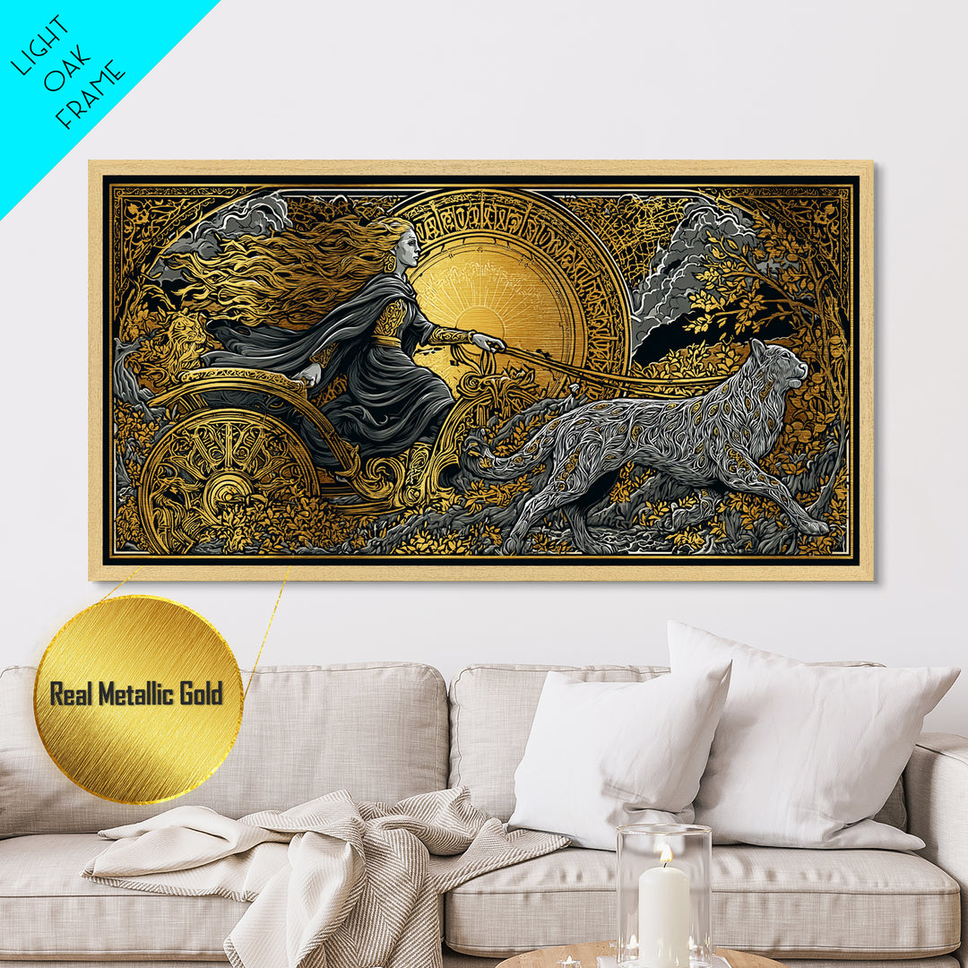 Freyja Metallic Gold Art Metal Art Norse Goddess Viking Mythology Wall Decor Man Cave or Office Art framed in natural wood