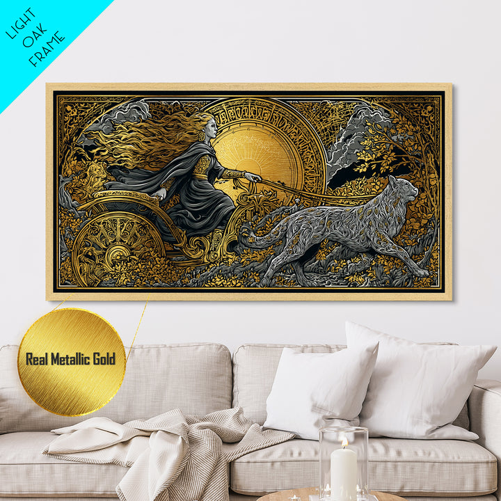 Freyja Metallic Gold Art Metal Art Norse Goddess Viking Mythology Wall Decor Man Cave or Office Art framed in natural wood