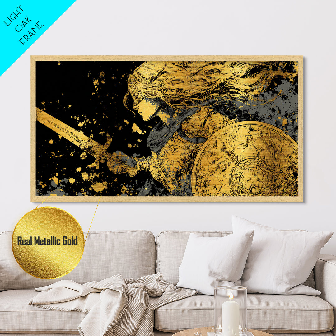 Valkyrie Warrior Metallic Gold Art Metal Art Norse Mythology Female Viking Wall Decor Office Art Man Cave Gift framed in wood