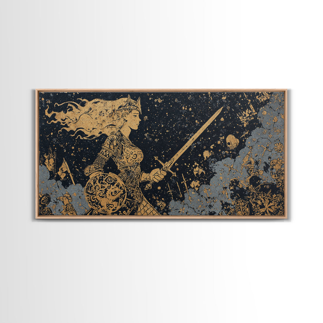 Viking Warrior Queen Hervor Canvas Gold Art Canvas Art Nordic Mythology Wall Decor for Office or Man Cave framed in real wood