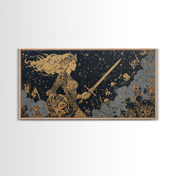 Viking Warrior Queen Hervor Canvas Gold Art Canvas Art Nordic Mythology Wall Decor for Office or Man Cave framed in real wood