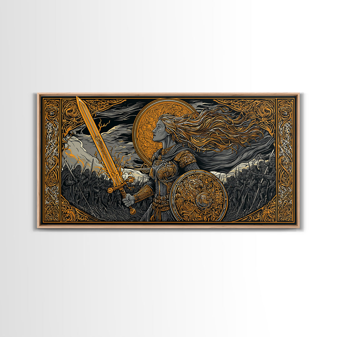 Shieldmaiden Hervor Canvas Gold Art Canvas Art Norse Warrior Goddess Viking Wall Decor Dad Gift Office framed in real wood