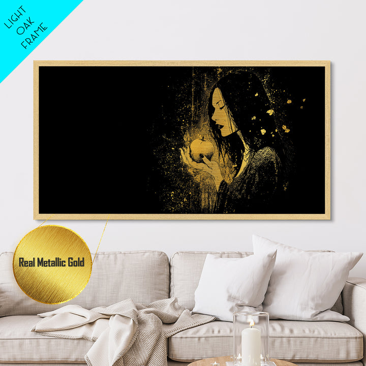 Idunn Norse Goddess with Golden Apple Metallic Gold Art Metal Art Nordic Wall Art for Dad Gift or Office Decor framed in natural wood