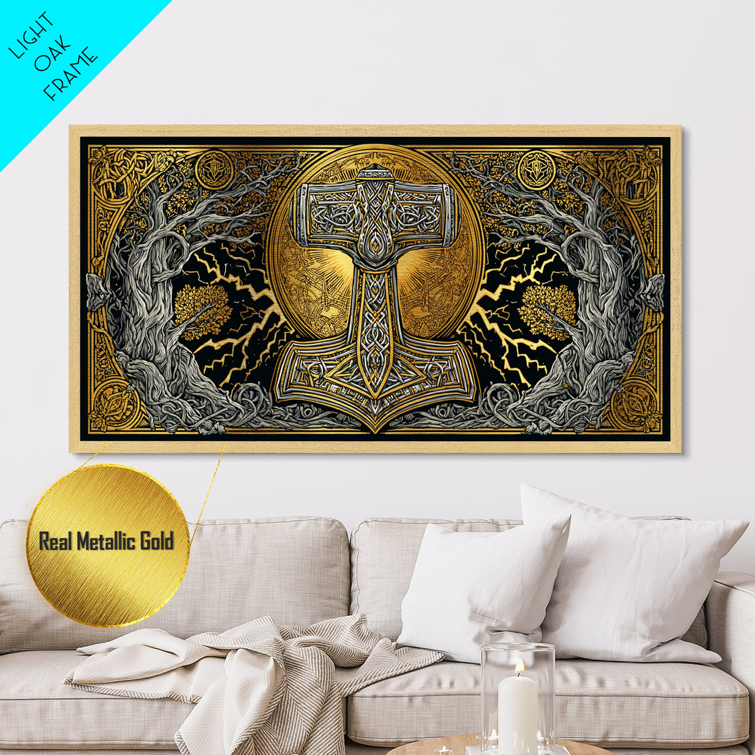 Mjolnir Norse Hammer Metallic Gold Art Metal Art Viking Symbol Wall Art for Man Cave Office or Dad Gift in handcrafted real wood frame