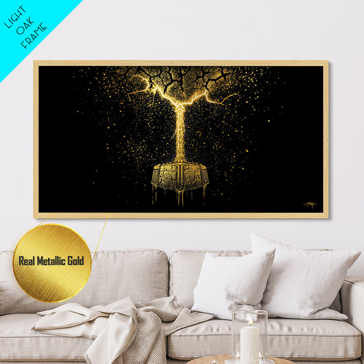 Thor’s Mjolnir Hammer Metallic Gold Art Metal Art Nordic Wall Art Viking Decor Mythology Office Piece framed in premium natural wood