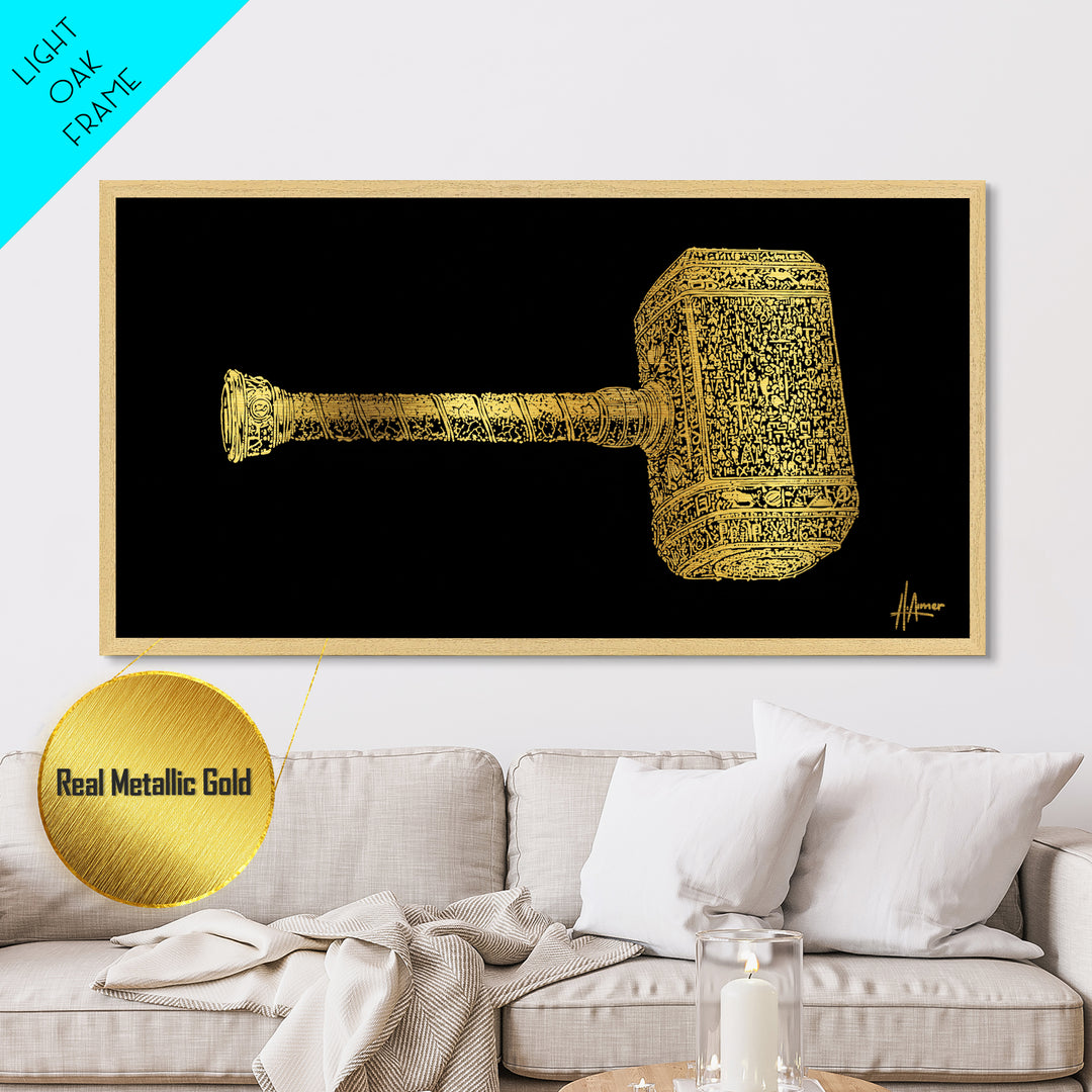 Thor’s Hammer Mjolnir Metallic Gold Art Metal Art Nordic Mythology Wall Hanging Viking Decor Office Art Gift framed in solid natural wood