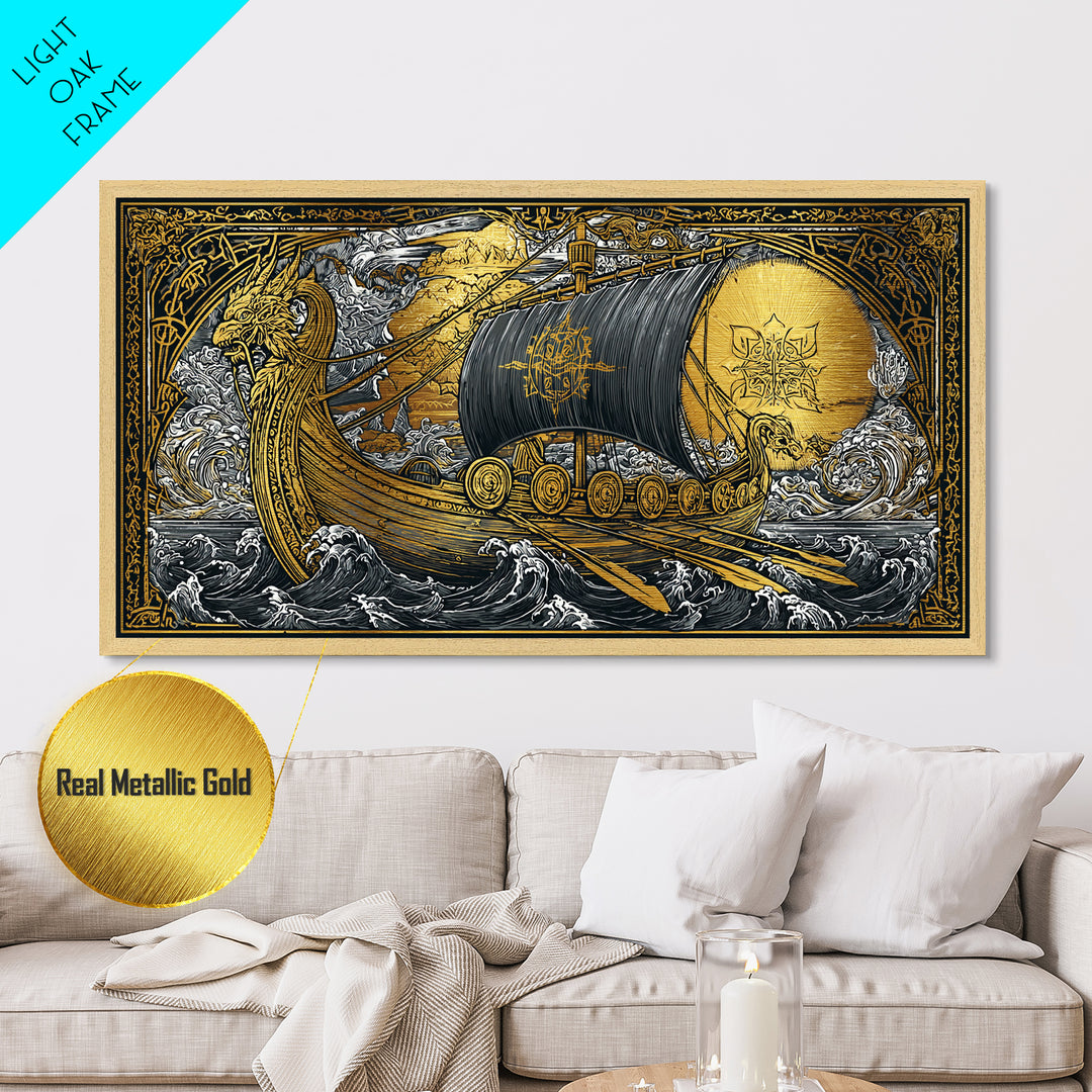 Naglfar Norse Longship Metallic Gold Art Metal Art Viking Ship Wall Decor Nordic Mythology Office or Dad Gift framed with natural wood