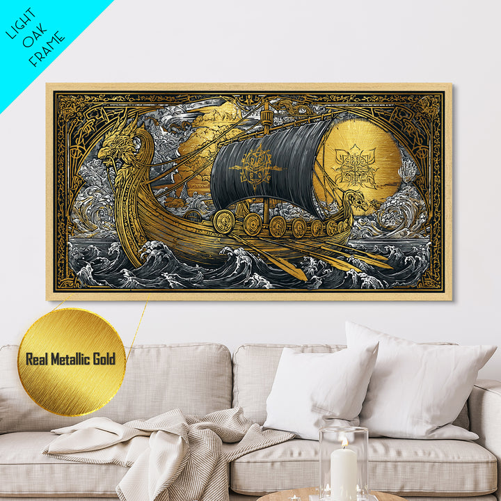 Naglfar Norse Longship Metallic Gold Art Metal Art Viking Ship Wall Decor Nordic Mythology Office or Dad Gift framed with natural wood