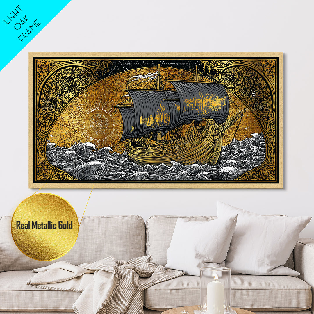 Viking Ship Naglfar Metallic Gold Art Metal Art Nordic Longship Decor Norse Mythology Office Wall Art Man Cave framed in authentic wood