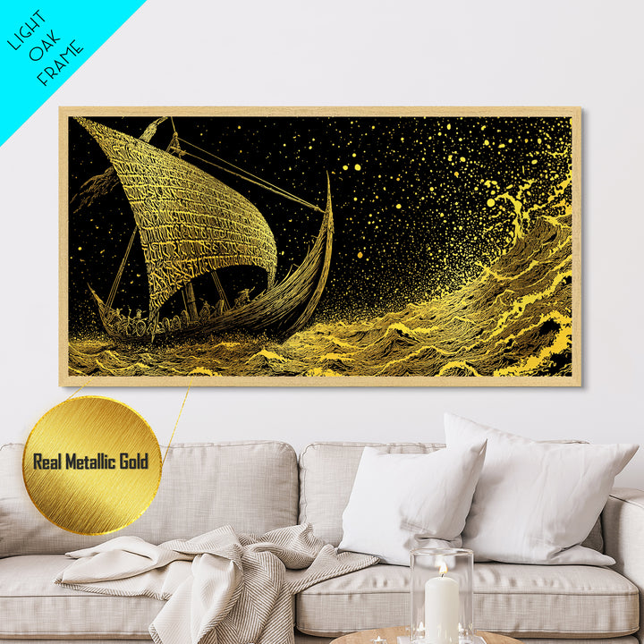 Norse Ship Naglfar Metallic Gold Art Metal Art Viking Longship Wall Hanging Decor for Dad Gift Office Art framed in handcrafted real wood