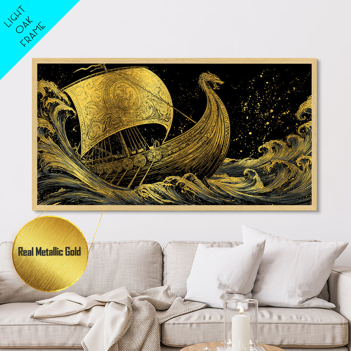 Naglfar Viking Ship Metallic Gold Art Metal Art Norse Mythology Longship Wall Hanging Decor Office Art Man Cave Gift framed in real wood