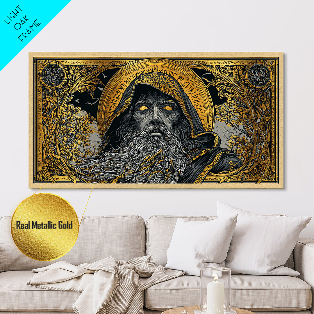 Ragnarok Battle Metallic Gold Art Viking Apocalypse Scene Metal Art, Norse Mythology Man Cave Art with sturdy real wood frame