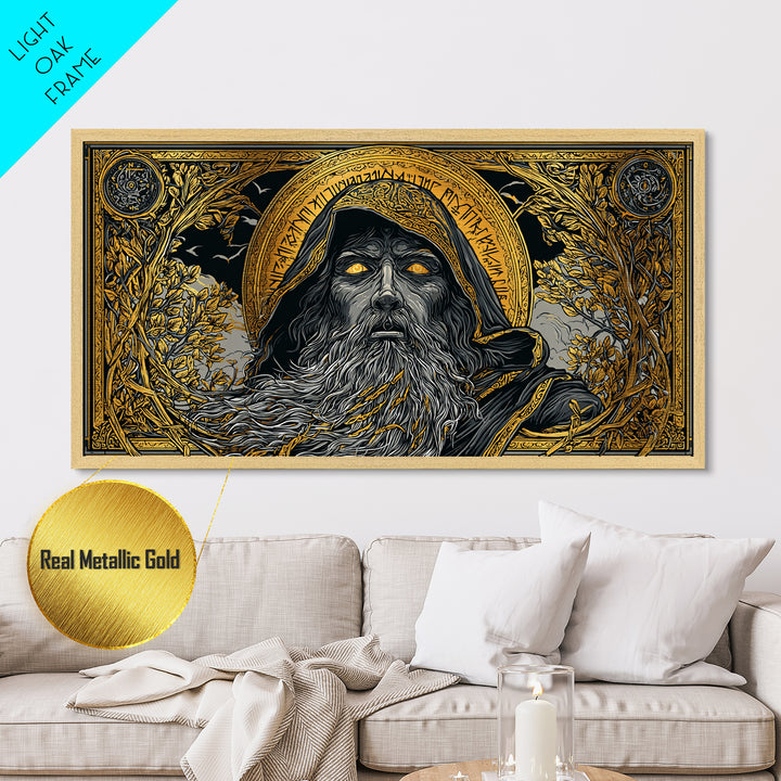 Ragnarok Battle Metallic Gold Art Viking Apocalypse Scene Metal Art, Norse Mythology Man Cave Art with sturdy real wood frame