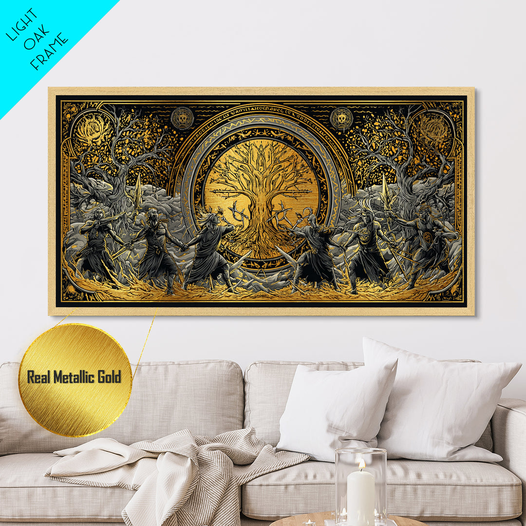 Sköll Wolf Metallic Gold Art Norse Mythology Metal Art, Viking Wolf Devours the Sun Wall Decor in real wood frame for office
